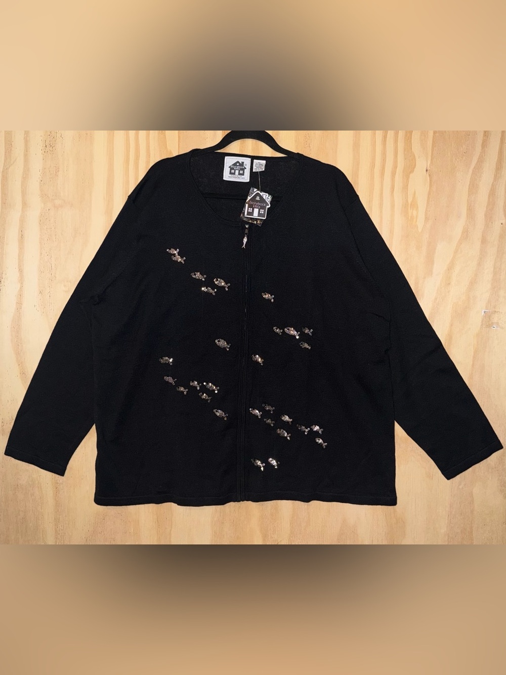 NWT 3X Storybook Knits Cardigan Black W/ Sequin Silver Fish Zip Up Cotton Blend